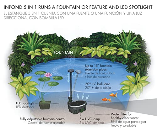 Pennington Aquagarden , Inpond 5 In 1, Pond & Water Pump, Filter, Uv Clarifier, Led Spotlight And Fountain , All In One Solution For A Clean, Clear And Beautiful Pond , For Ponds Up To 200 Gallons #TOP5
