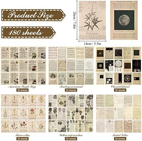 180 Sheets Vintage Scrapbooking Papers, Scrapbook Accessories Craft Paper with Planets, Letters, Sheet Music, Flowers Patterns, DIY Retro Decorative Paper for Scrapbooking, Travel Diary, Album