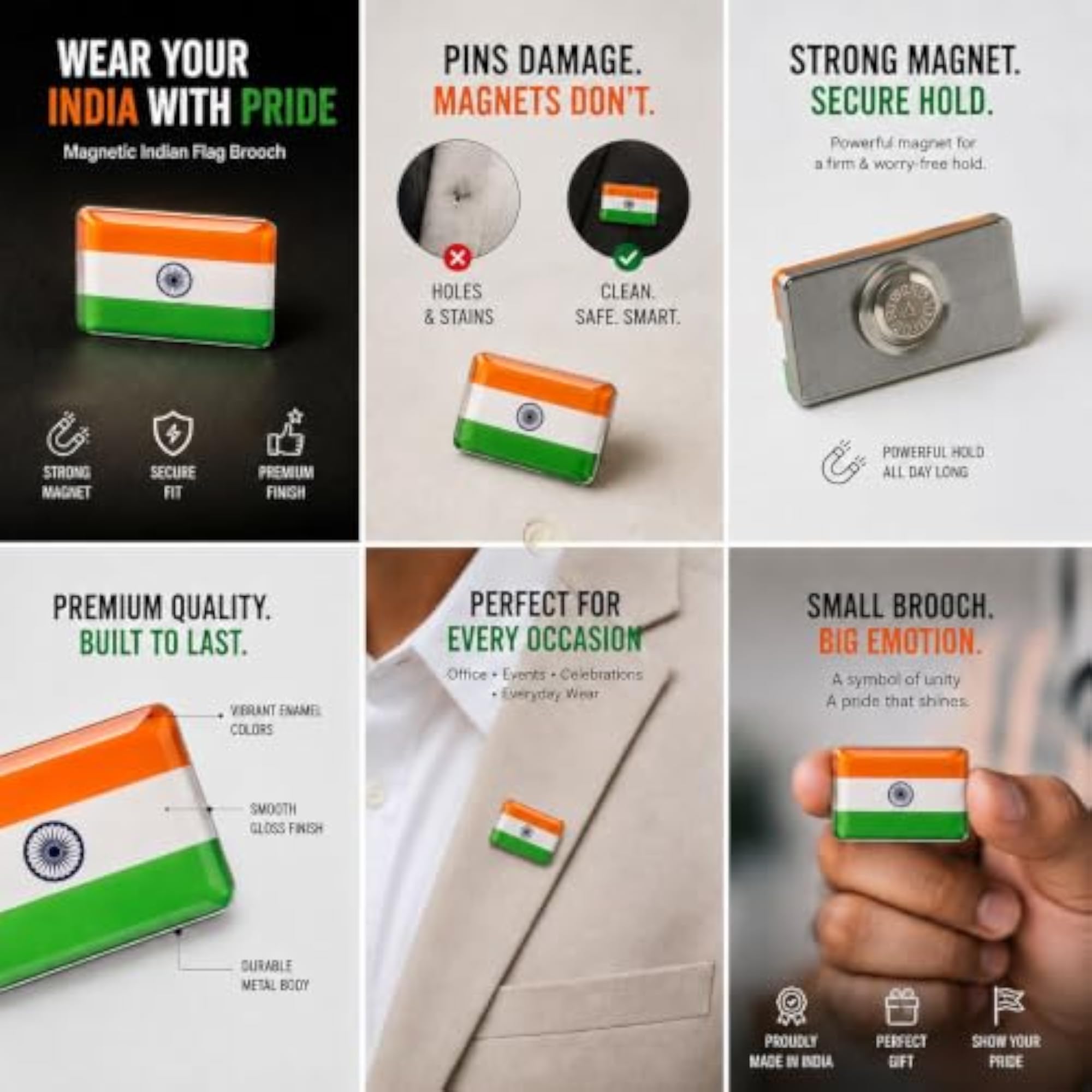 Indian Flag Magnetic Brooch for Men, Patriotic Accessory