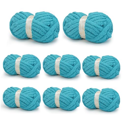 Chunky Yarn for Hand Knitting, Chunky Chenille Blanket Yarn for Crocheting, Bulky Soft Fluffy Chenille for Blanket Project, 8 Pack of 8oz/25yds, Peacock Blue
