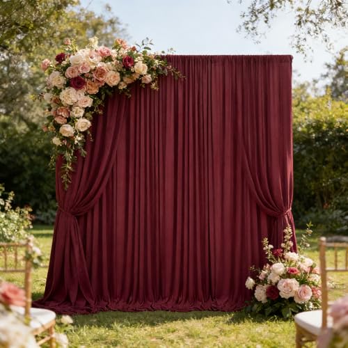 Image of 2 Panels Maroon Backdrop Curtain, 10 x 10 Feet Polyester Background Curtains for Parties, Weddings, Baby Showers, Halloween, Christmas, Birthday Party Photoshoot Backdrop Curtains Decorations
