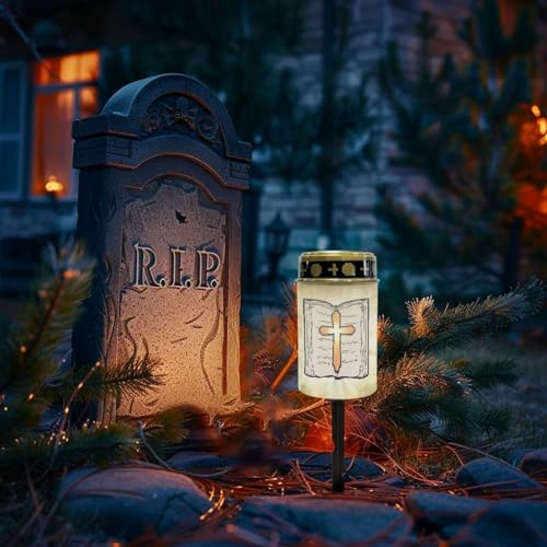 Image of Cross and Bible Light for Prayer Cemetery Solar Lights for Grave Cemetery Decor Flameless Candle Lamp Solar Power Outdoor Garden Waterproof Eternal Light 2 Pcs