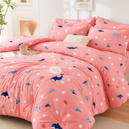 Image of 200 GSM 400 TC Kids Glace Cotton Reversible Cartoon Printed Double Bed King Size Comforter with Matching Bedsheet 90 * 100 with 2 Pillow Covers Set of 4 Pieces (Shark)