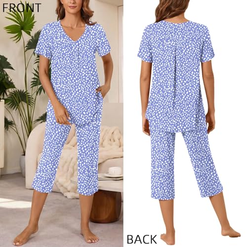 Image of Bestbee Women's Pajama Sets 2 Piece Lounge Outfits Summer Sleepwear V Neck Short Sleeve Capri Pant With Pockets Ladies Pjs
