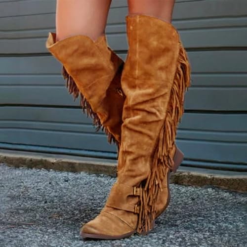 ZBYY Women's Knee High Boots Casual Over The Knee Retro Fringe Moccasin Flat Heel Zipper Long Boots Square Heels Shoes2
