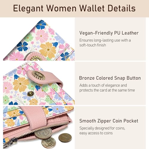 Image of Kelvoris Pastel Flower Floral Small Rfid Women Wallet Zipper Coin Pocket | Art Bifold PU Leather Compact Cash Credit Card Holder Travel Purse for Female Ladies Teen Girls 1 ID Window 10 Card Slots