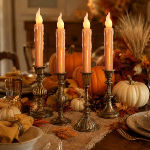 Image of Real Wax LED Flameless Fall Short Taper Candles with Remote, 6.7 Inches Orange Candlesticks, Dripless Battery Operated Flame Rustic Primitive Flameless Lights Fall Decor, Pack of 2