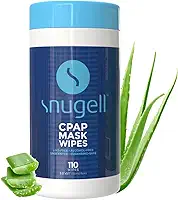 Lenços de máscara CPAP da Snugell | 110 unidades | Sem perfume | 100% algodão macio | Sem fiapos e álcool | Seguro para a pele com Aloe Vera | Recipiente de fácil abertura | Máscara CPAP limpa, tubo e dispositivos (1)