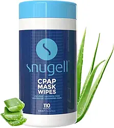 Lenços de máscara CPAP da Snugell | 110 unidades | Sem perfume | 100% algodão macio | Sem fiapos e álcool | Seguro para a pele com Aloe Vera | Recipiente de fácil abertura | Máscara CPAP limpa, tubo e dispositivos (1)