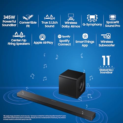Samsung 345 W True 3.1.2 ch Soundbar with Wireless Dolby Atmos | Q-Symphony | Center & Up-Firing Speakers | Wi-Fi | HDMI ARC | Optical in | Bluetooth | Wireless Subwoofer (HW-QS700F/XL, Titan Black) view 2