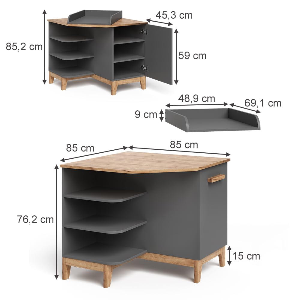 VitaliSpa Table à Langer Malia, Gris/Artisan, 85x85.2cm avec Porte, Plan à Langer Amovible pour Une Utilisation comme Commode d’Angle