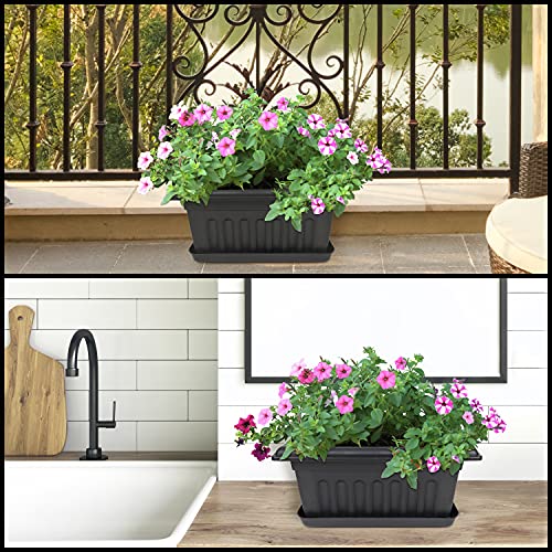 Livzing 16 Inch Plastic Rectangle Window Flower Pot with Drain Tray Set - Heavy Duty Highly Durable Plant Container Gamla for Indoor Home Decor & Outdoor Balcony Garden(Pack of 5, Black)