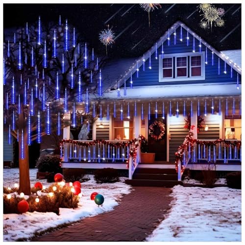Luces Navideñas Impermeables con Energía Solar Guirnalda De Luces LED con 10 Tubos De Carámbanos, Luces con Forma De Gota(Blue,Plug-in 50cm)