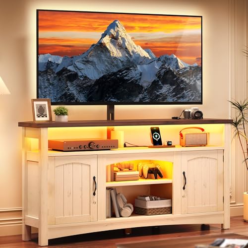 YITAHOME Farmhouse TV Stand for 75/70 Inch TV Entertainment Center with TV Mount LED TV Stand for Living Room with Storage & Power Outlets Walnut & Warm White