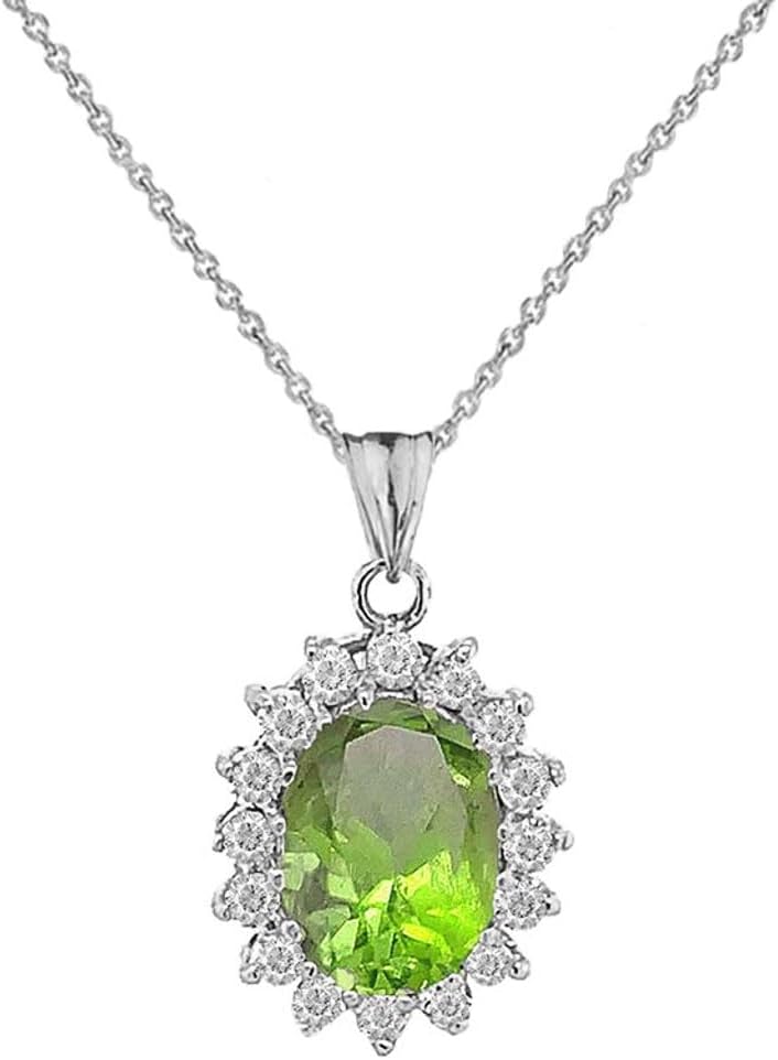 Personalized Oval Birthstone and Halo Cubic Zirconia Fancy Charm Pendant Necklace in 10k White Gold