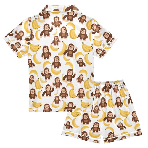 Orangutan Banana Pattern Summer Satin Pajama Set, Cute Button-Down Sleepwear Pj Set for Sleep Wears2