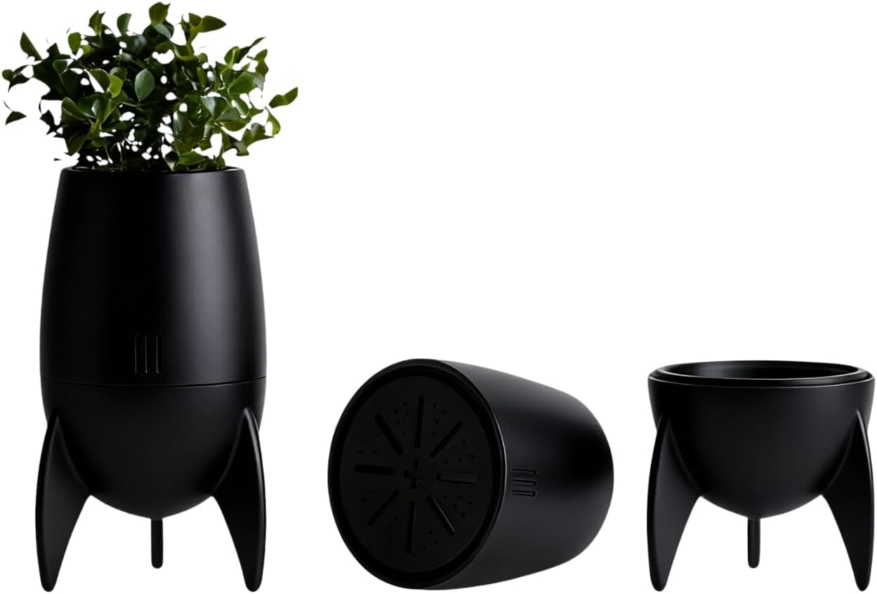 Rocket Ship Plant Pot with an Upper Planter and a Lower Water drip Tray, Space Themed Pot, Small Alien Planter Pot, Astronaut Planter, Mini Plant Pots, Interesting Pots for Plants, Black