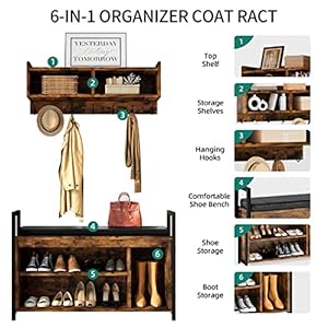 YITAHOME Hall Tree Shoe Bench with Storage, 5 in 1 Entryway Coat Rack with Shoe Bench Set, Coat Rack Wall Mount with Shoe Storage, 3 Cubbies Shelf for Entryway Bedroom Hallway, Rustic Brown YITAHOME Hall Tree Shoe Bench with Storage 5 in 1 Entryway Coat Rack with Shoe Bench Set Coat Rack Wall Mount with Shoe Storage 3 Cubbies Shelf for Entryway Bedroom Hallway Rustic Brown
