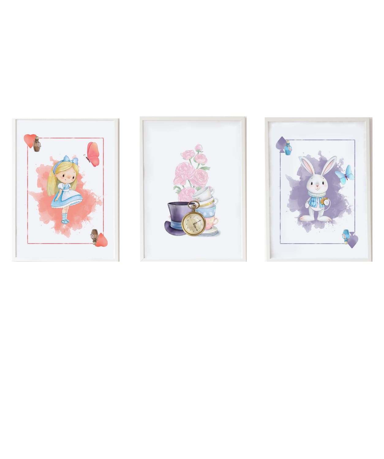 Tableau Alice pour chambre d'enfant cadre déco murale lapin blanc et fleurs pastel