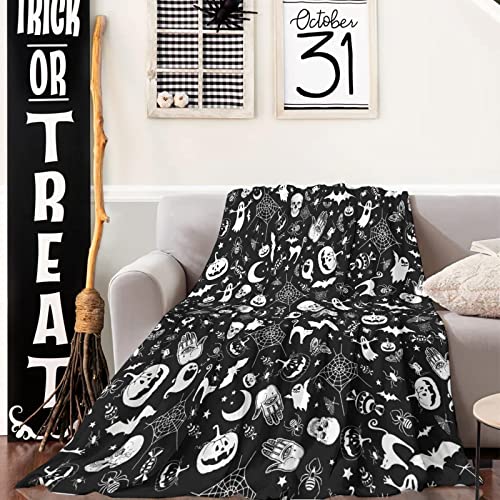 Black Halloween Blanket Witchy Blanket Hallloween Throw Blanket Pumpkin Skull Bat Ghost Blanket Hallloween Gifts Soft Fuzzy Fleece Blanket For Sofa Bed Couch Chair Dorm 60"X50" #TOP2
