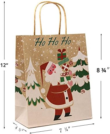 24 pcs Christmas Kraft Gift Bags with Handle, Kraft Bags, Christmas Goody Bags, Xmas Gift Bags, Candy Bags, Holiday Party Bag with Assorted Christmas Prints for School Classrooms and Party Favors