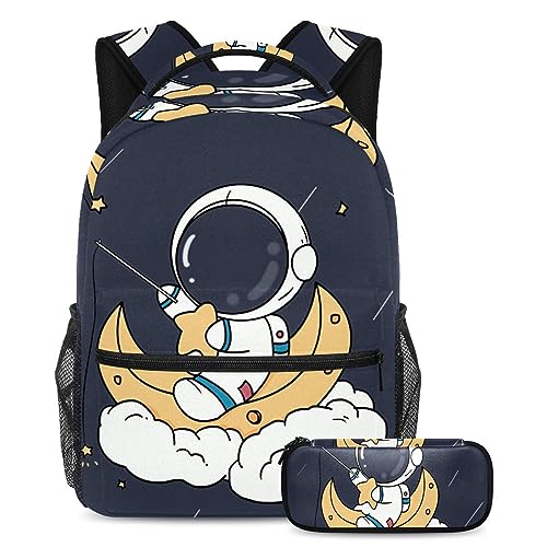 Sac à dos astronaute avec trousse pour enfants et adolescents, cartable d'étudiant multicolore