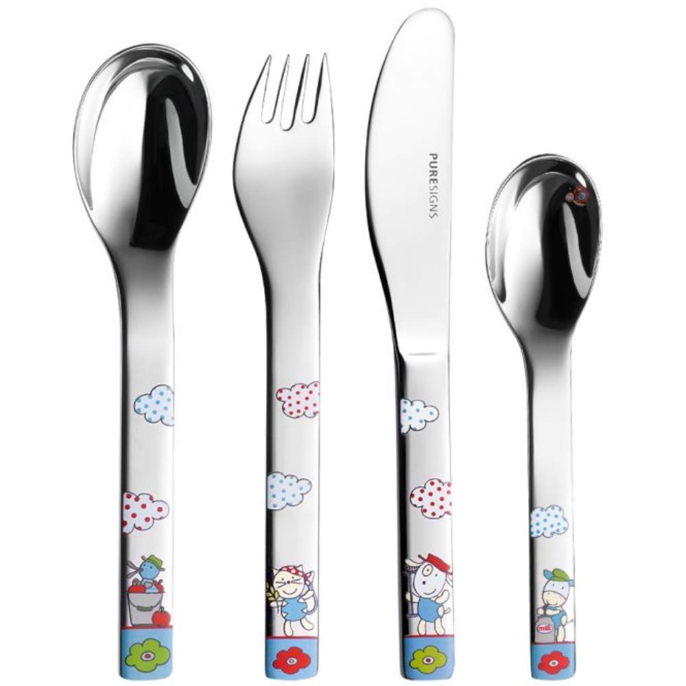 Kinderbesteck Bauernhof MIT Gravur (z.B. Namen) Ferme 4tlg. von Puresigns inkl. Namensgravur auf der Rückseite, Taufgeschenke für Mädchen & Jungen Geschenk zur Taufe