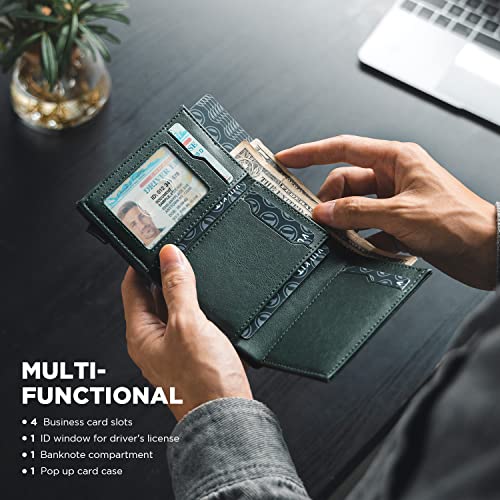 Image of VULKIT Credit Card Holder with Banknote Compartment RFID Blocking Pop up Leather Card Wallet with ID Window, Green, Minimalist