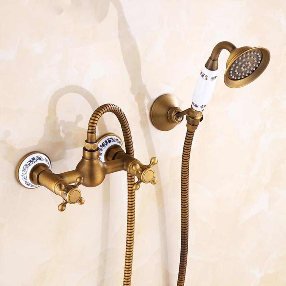 Grifo de baño retro de latón montado en la pared, grifo mezclador de baño de doble mango con ducha de mano bronce h Ele accesorio de baño para Classic Sle