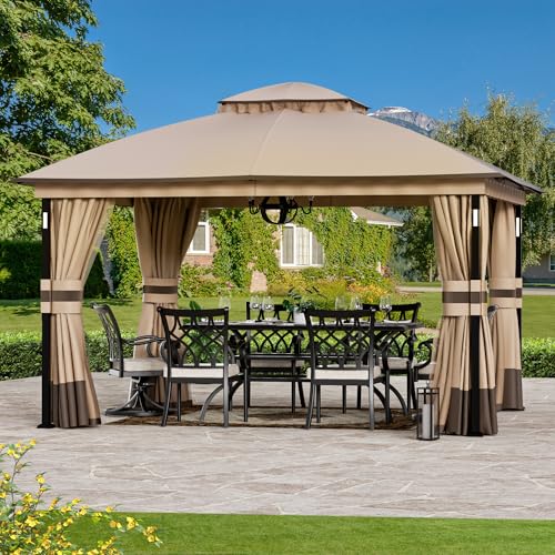 Moderner Shade Pavillon 3,35 x 3,96 m mit LED-Beleuchtung & Bluetooth-Lautsprecher, Stabiler Garden Gazebo mit Metallrahmen, Doppeldach, Weichdach Pavillon mit Moskitonetzen & Vorhängen Moderner Shade Pavillon 3,35 x 3,96 m mit LED-Beleuchtung & Bluetooth-Lautsprecher, Stabiler Garden Gazebo mit Metallrahmen, Doppeldach, Weichdach Pavillon mit Moskitonetzen & Vorhängen