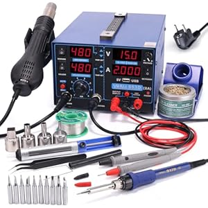 YIHUA 853D 2A USB soldeerstation en luchtsoldeerstation voeding 0-15V DC 3-in-1 station met 5 V USB-oplaadpoort en 35 V DC voltmeter voor reparatie van mobiele telefoons (EU-stekker)