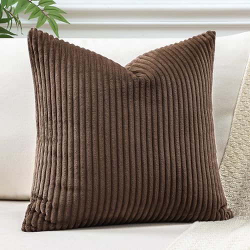 JOTOM Lot de 1 Housse de Coussin Décorative en Velours Côtelé Rayé, 45 x 45 cm, pour Canapé, Salon ou Chambre à Coucher, 18 x 18 Pouces(Marron)