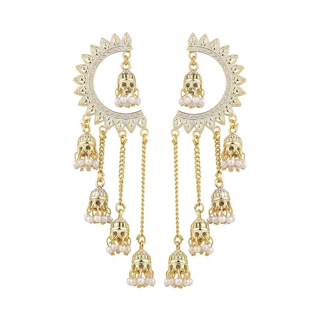 Image of WORLD CRAZE Multicolour long kashmiri jhumka for women chandbali earrings chand baliyan | kashmiri earrings for women | bahubali earrings stylish | Traditional Indian Festive Jewelry | Long Chain Tassels | Pearl Drop Latkan Jewellery (Multi colour)