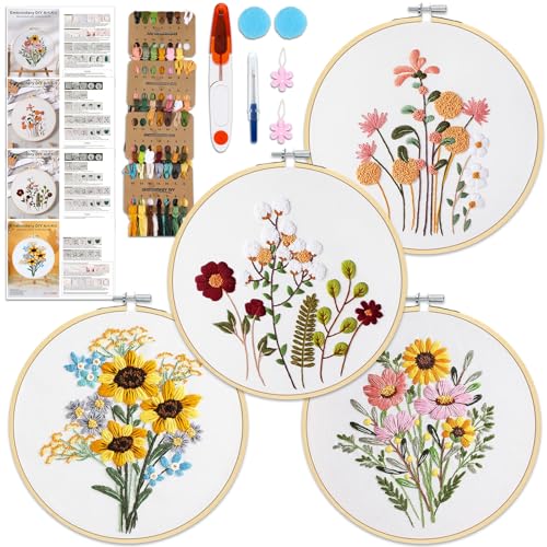 Image of KintKita Floral Embroidery Kit for Adults 4 Sets, Easy DIY Embroidery Kits for Beginners Stamped Cross Stitch Practice Kit, Includes Stamped Flower Pattern, Hoop, Color Threads,Tools