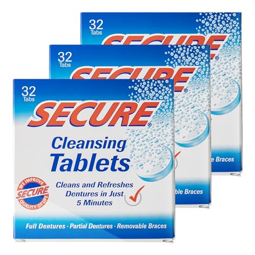 Secure Daily Cleansing Tablets - pH 9 Formula Thoroughly Cleans Dentures - Fights Odors, Stains & Germs - For Dentures, Nightguards, Retainers & Partials - 32 Tablets (3 Pack)