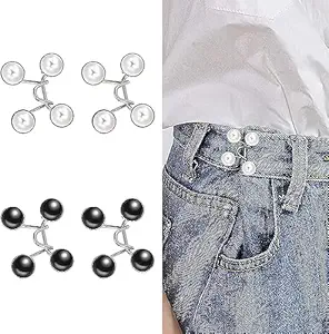 SXWLJT 4 Sets Jean Buttons Pins, No Sewing Required Pant Waist Tightener Adjustable Waist Buckle Extender Set Detachable Button Pins for Jeans Pants Dress Too Big (Black and White Pearl)