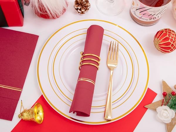 Miniatura 8 de Nervure 100 servilletas de papel rojo con bolsillo integrado para cubiertos, tela preplegada roja y dorada como servilletas desechables, servilletas