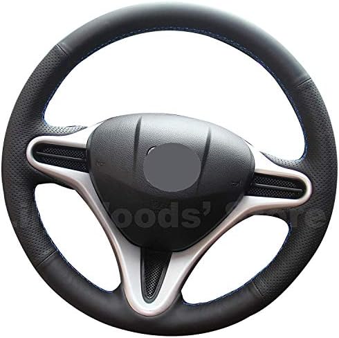 Loncky OEM Black Genuine Leather Custom Fit Hand Stitched Car Steering Wheel Cover for Honda Fit 2009 2010 2011 2012 2013 / Honda Insight 2010 2011 2012 2013 2014 Parts Interior Accessories