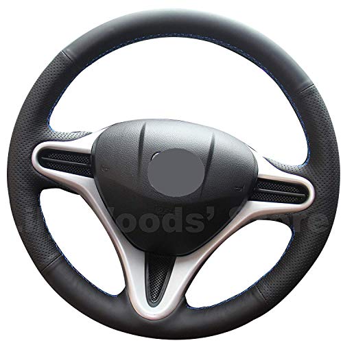 Loncky Oem Black Genuine Leather Custom Fit Hand Stitched Car Steering Wheel Cover For Honda Fit 2009 2010 2011 2012 2013 / Honda Insight 2010 2011 2012 2013 2014 Parts Interior Accessories #TOP28