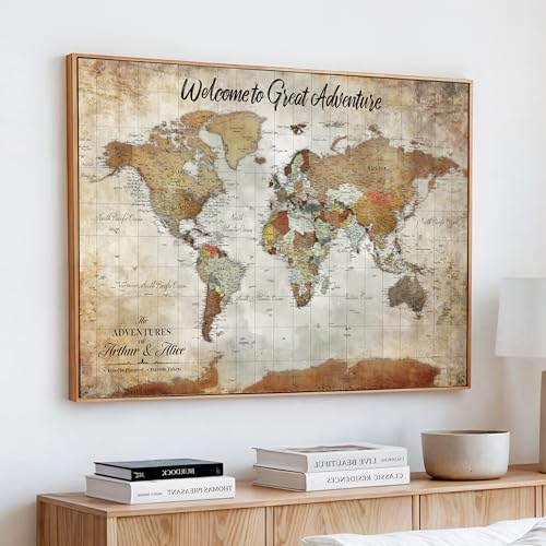 Personalized Push Pin World Map Canvas Wall Art Couples Customized Vintage Colorful Travels Framed Large for Living Room Bedroom Decor