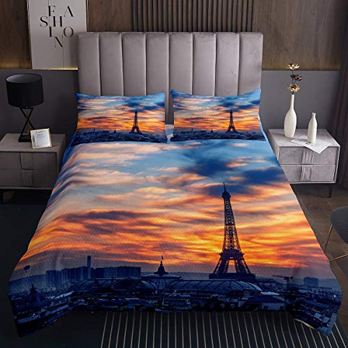 Colcha de la Torre Eiffel temática de París niños niñas,Juego de Colcha de Paisaje Urbano de París,Moderna,Acolchada 2 Piezas Cama Individual