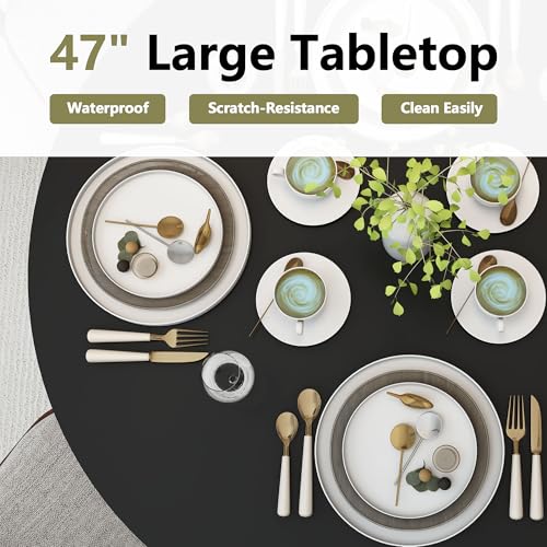 Image of weselon 47 inch Round Dining Table for 4, Kitchen Table Dinner Table with 2-Layer Storage Shelf and Wood Slide Door for Home Dining Room Living Room (Black)