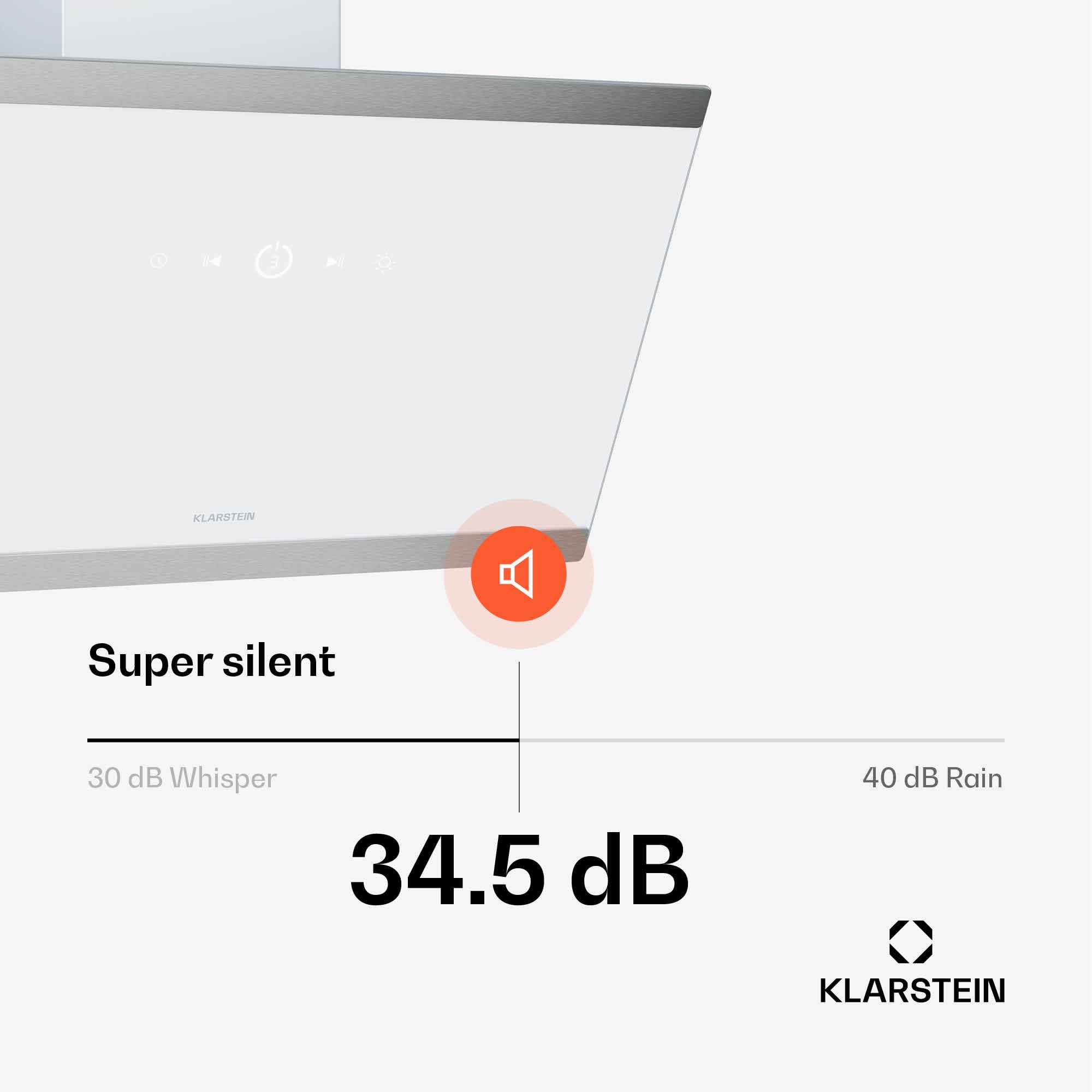 Klarstein FlashLine Okap kuchenny – Okap skośny 60 cm, Ekran dotykowy, Przepływ 578 m³/h, Klasa energetyczna A++, Oświetlenie LED, 34,5 dB, Biały, Tryb wyciągu i recyrkulacji