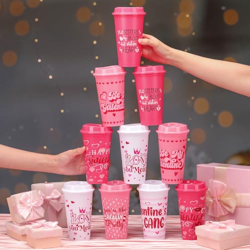 12 Pcs Galentines Day Coffee Cups Gift Bulk with Lids 16 oz Reusable Plastic Heart Cups Galentine's Day Party Supplies Red Pink Mug for Women Teacher Galentine‘s Friendship Gift for Hot Cold Drink by FoldTier - Image 6