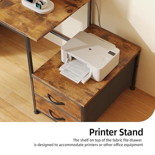 Image of 52 Inch Office Desk with 6 Drawers and Printer Space for Storage, Reversible Computer Desk with Monitor Stand & Power Outlets, Home Office Desks, Vintage