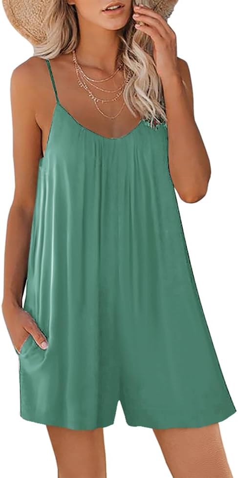 Women Casual Jumpsuits Summer Sleeveless Romper Shoulder Strap Loose Adjustable Stretchy Shorts Rompers with Pockets
