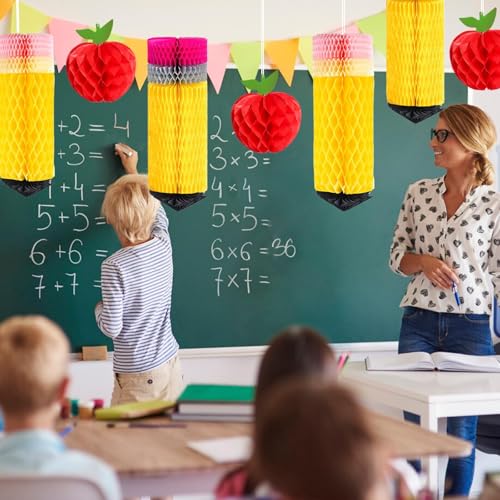 Image of 12Pcs Back to School Hanging Honeycomb, Pencil Apple Classroom Hanging Decorations (Classic)