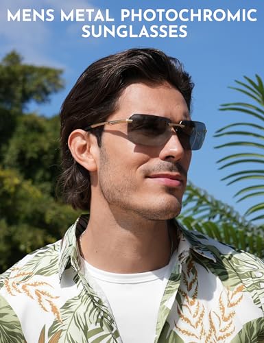 Image of BIRCEN Mens Metal Photochromic Sunglasses: UV Protection Al-Mg Sun Glasses Ultra-light Rimless Shades for Driving Cycling
