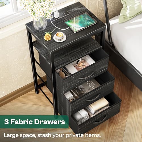 Image of Huuger Nightstand with Charging Station, 27.6 Inch Side Table with Fabric Drawers, End Table Bedside Table with USB Ports and Outlets, Night Stand for Bedroom, Charcoal Black Wood Grain Print