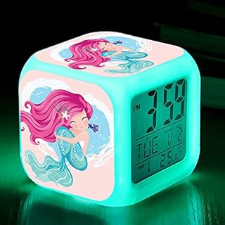 Kids Alarm Clock, 7 Color Digital Wake Up Clocks with 8 Alarm Sounds, LED Night Light Clock with Date Calendar Temperature for Students Boys Girls (Small Mermaid)
